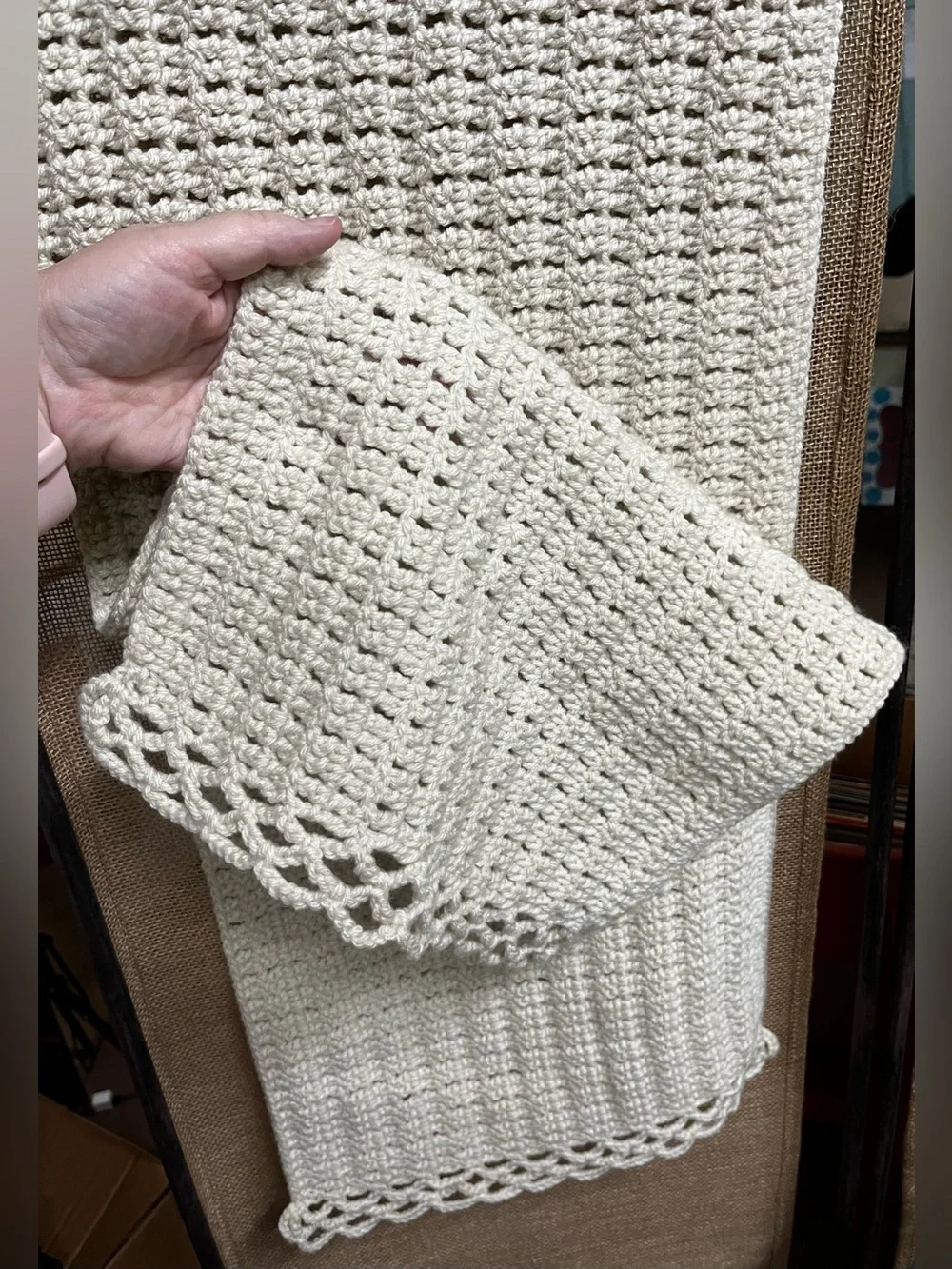 Handmade Crochet Cream Runner Style Throw Blanket Farmhouse Cozy Accent